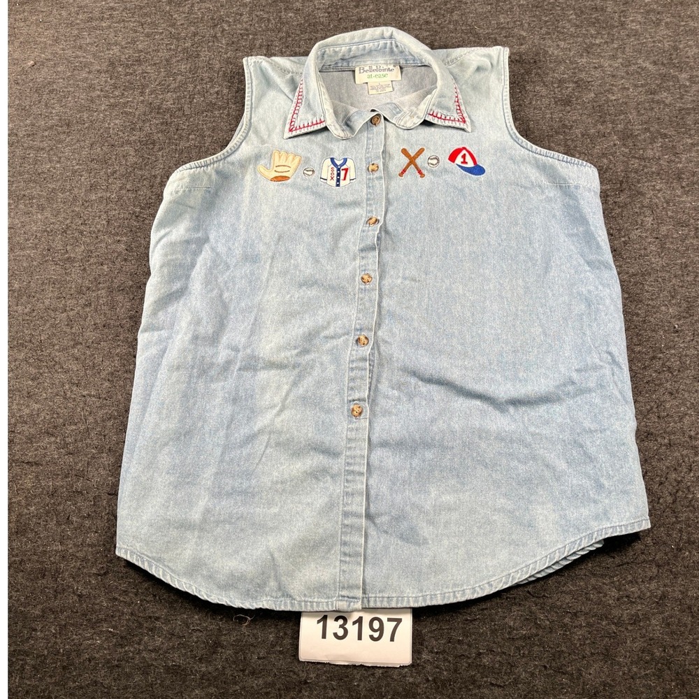 BellePointe Denim Vest Women L Blue Good Vintage Baseball Embroidery Sleeveless